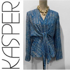 Kasper Teal Bow Tie Long Sleeve Blouse 10